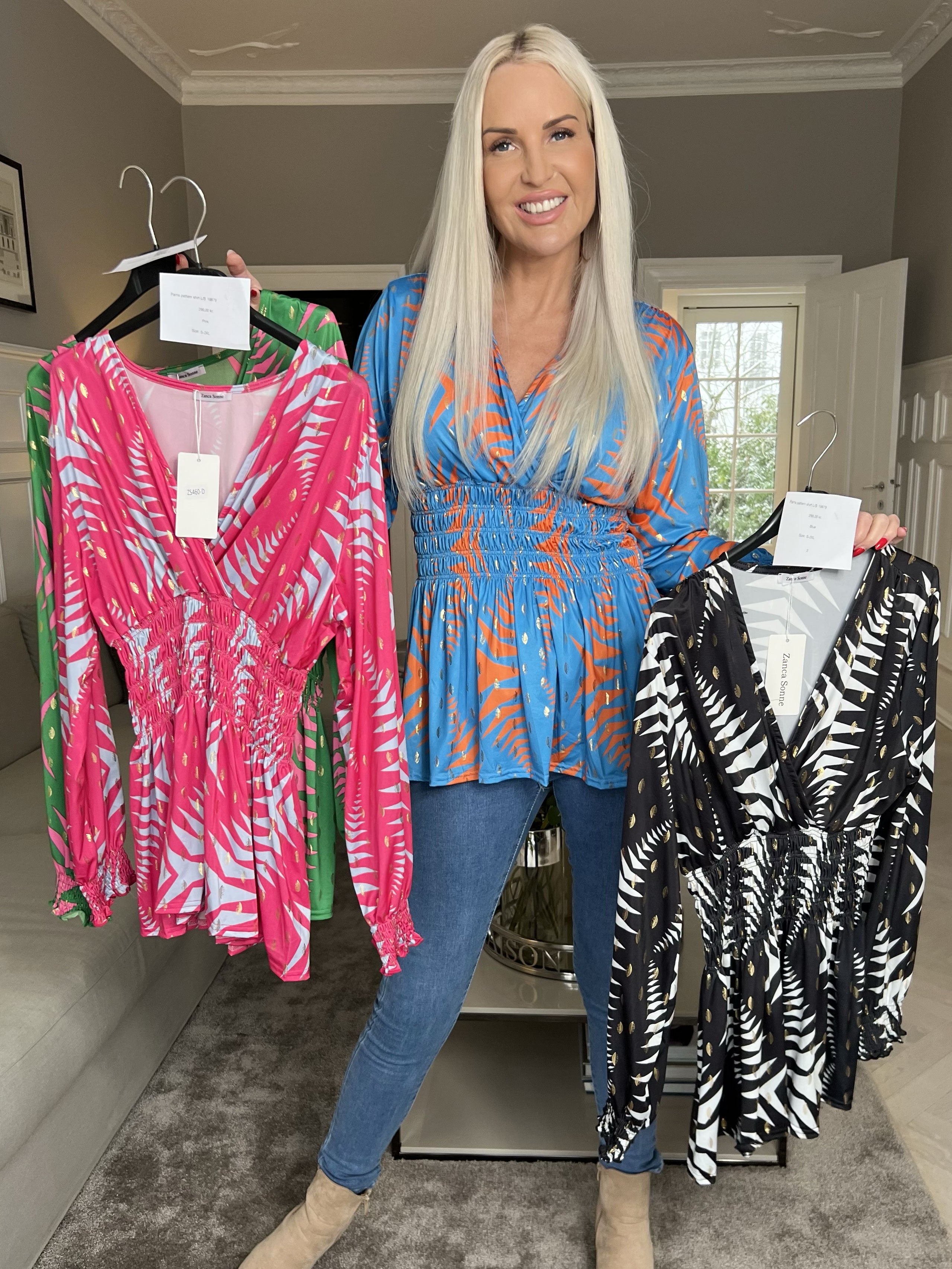 Pams Pattern Shirt L/S - Elastisk bluse i krølfrit stof med lange ærmer